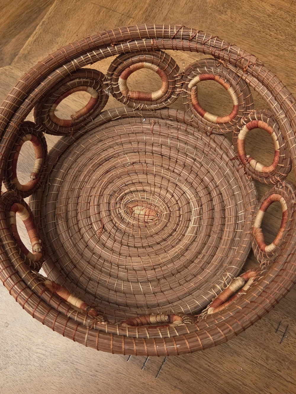 Handcrafted Coiled Pine Needle Basket Openwork Ring Design Boho Folk Art Rustic